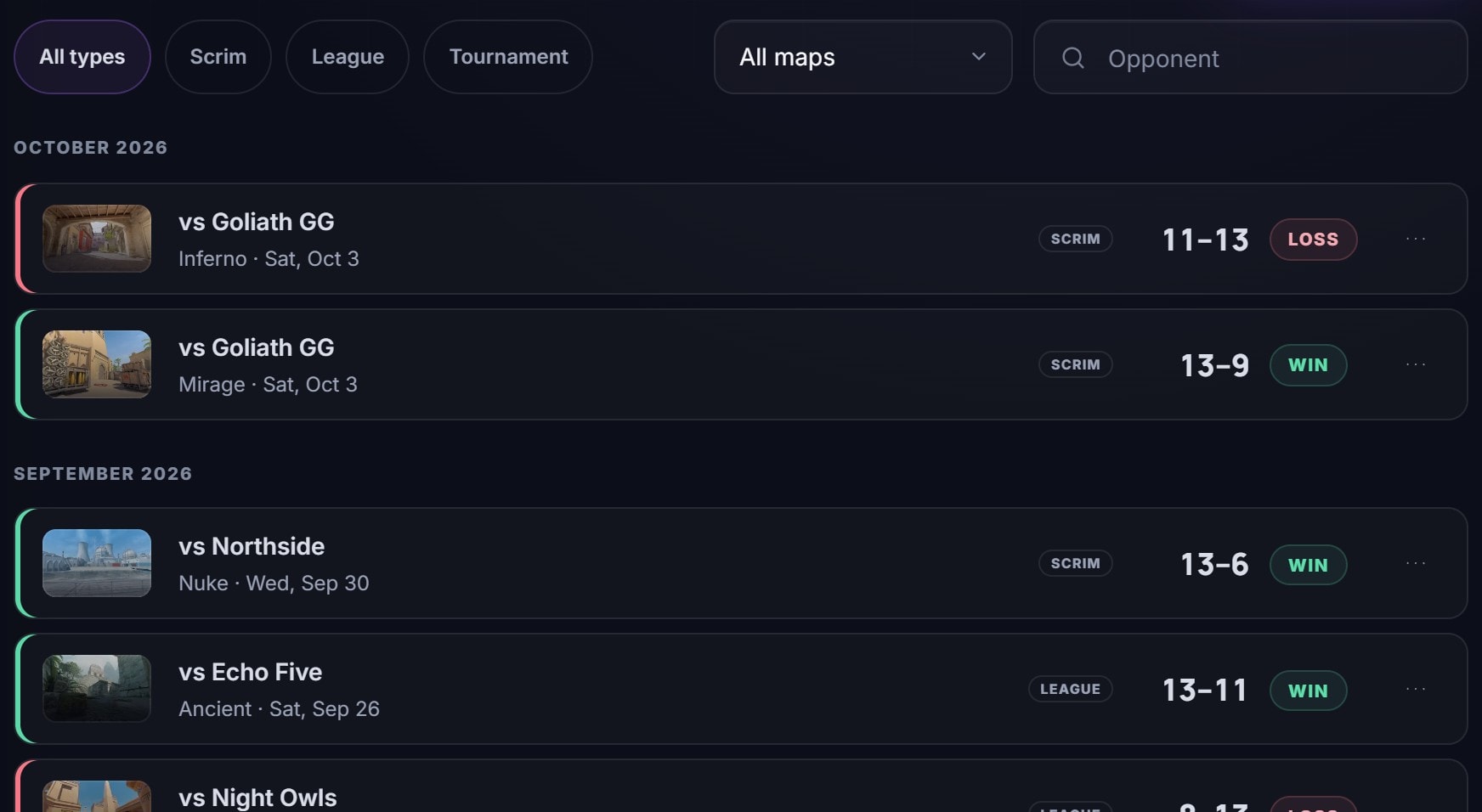 The match log: scrims, league and tournament results with the score and win or loss.